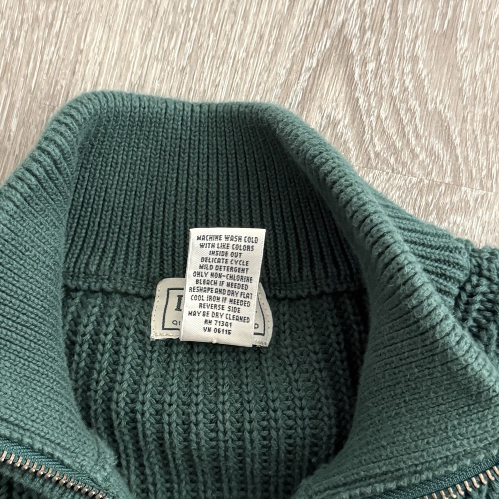 LL Bean Cotton Full Zip Sweater Cardigan Green Ribbed Knit Mock Neck Mens L Reg - Picture 3 of 16